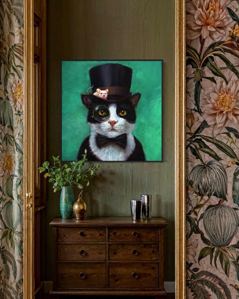 a painting of a black and white cat wearing a top hat
