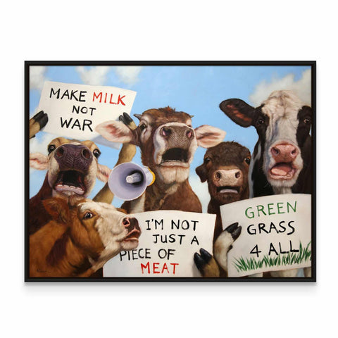 a painting of a group of cows holding signs