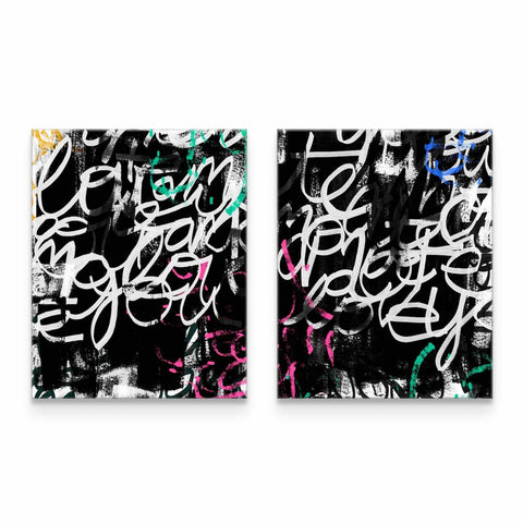 a pair of black and white paintings with graffiti