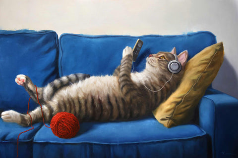 a painting of a cat laying on a couch with headphones on
