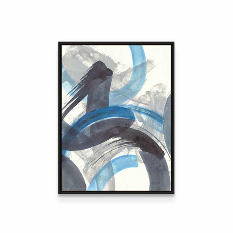 an abstract painting in a black frame on a white wall