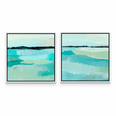 two paintings of blue and green water on a white wall