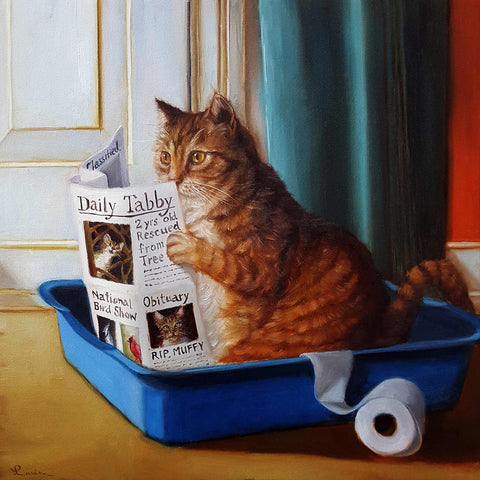 a painting of a cat sitting in a blue container