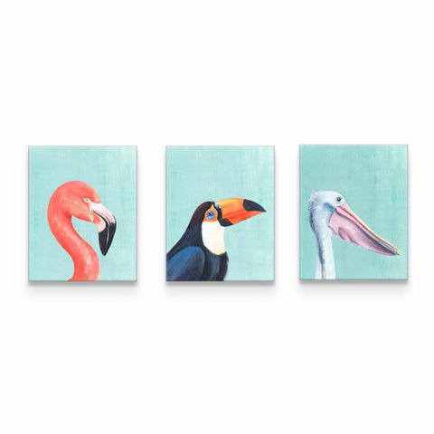 three paintings of birds on a white wall
