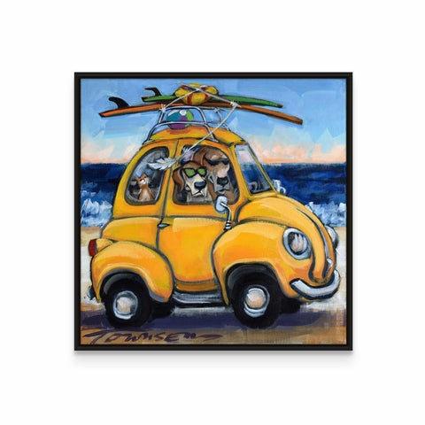 a painting of a yellow car with dogs in it