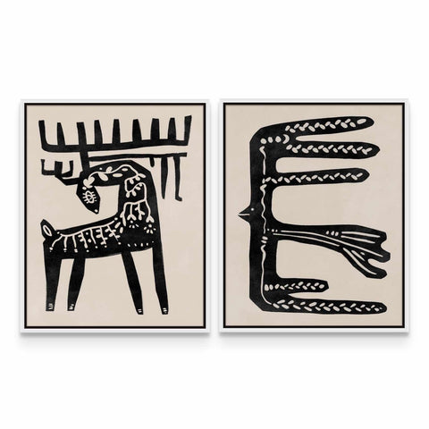 two black and white paintings of a deer
