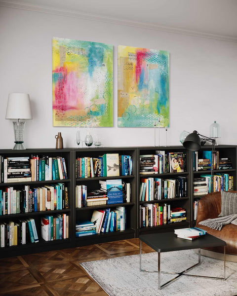 a living room filled with furniture and a book shelf