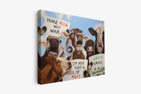 a group of cows holding signs that say make milk not war