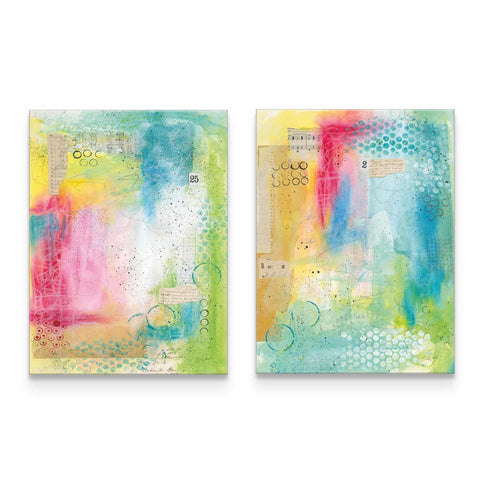 two paintings of different colors on a white background