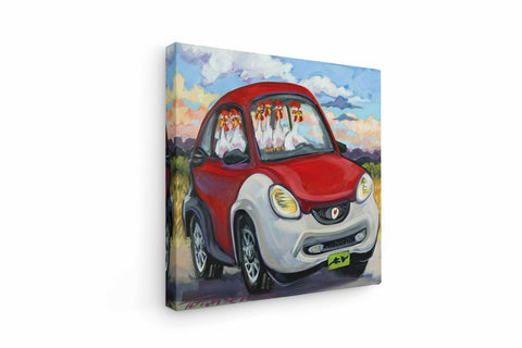 a painting of a red and white car