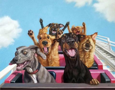 a painting of a group of dogs riding on a roller coaster
