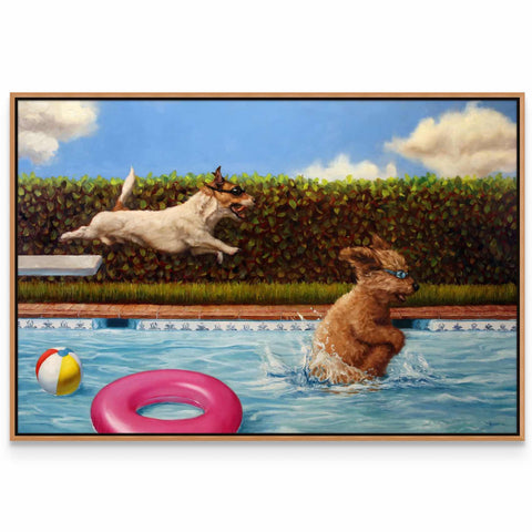 a painting of two dogs playing in a pool