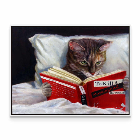 a painting of a cat reading a book