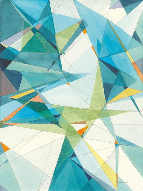 a painting of blue, green, yellow and white shapes