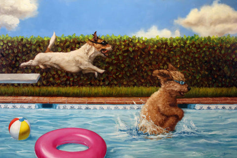 a painting of a dog jumping into a pool