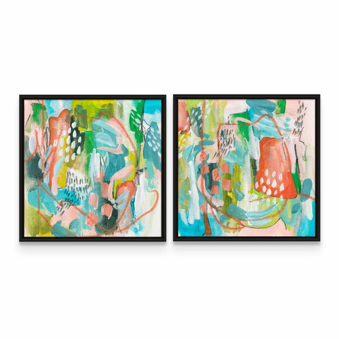 two paintings of different colors and shapes on a wall