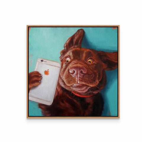 a painting of a dog holding a cell phone