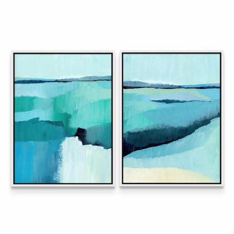 two paintings of water and ice on a white background