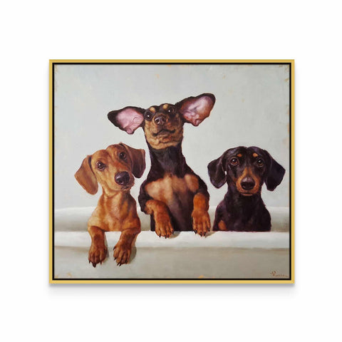 a painting of three dogs sitting next to each other