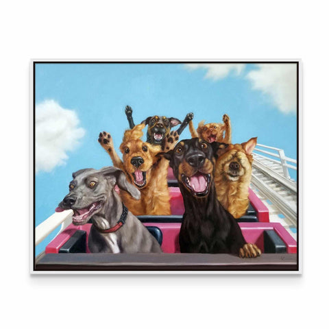 a painting of a group of dogs riding on a roller coaster