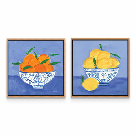 two paintings of oranges in a blue bowl