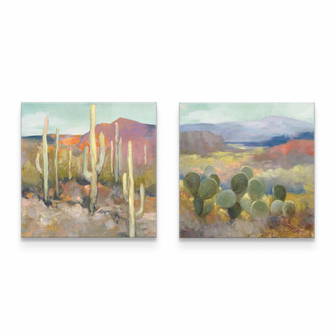 a painting of a desert with cacti and mountains in the background