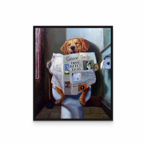 a painting of a dog sitting on a toilet reading a newspaper