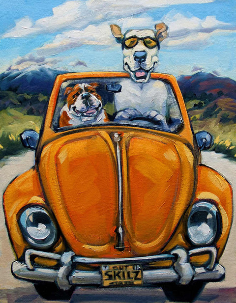 a painting of a dog riding in a car