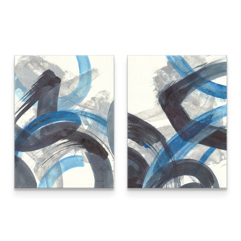 two paintings of blue and black circles on a white background