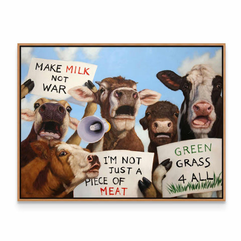 a painting of a group of cows holding signs