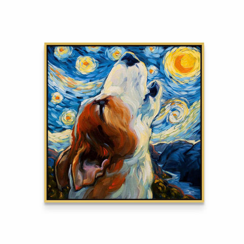 a painting of a dog looking up at the stars