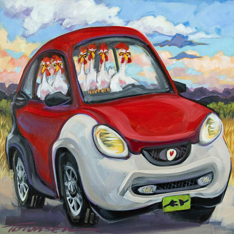 a painting of a red and white car
