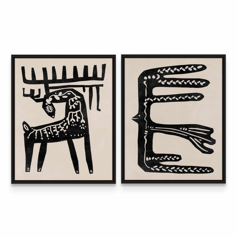 two black and white paintings of a deer