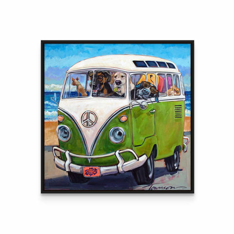 a painting of a vw bus with dogs in it