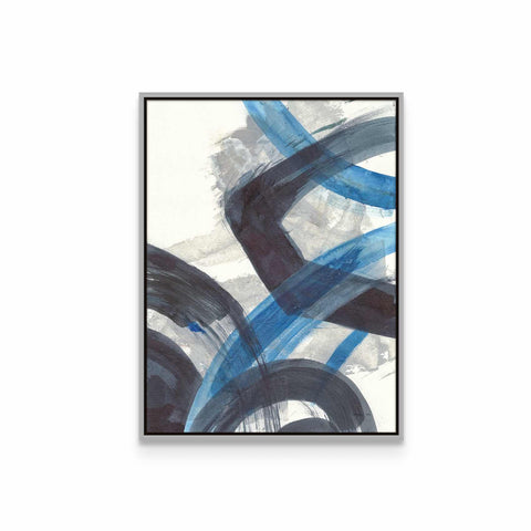 an abstract painting with blue and black lines