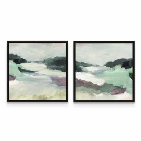 two paintings of green and purple on a white wall