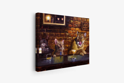 a painting of two dogs and a cat sitting at a bar