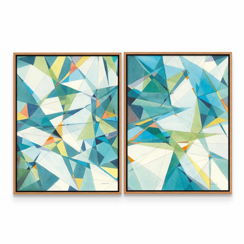 two abstract paintings of blue and green shapes