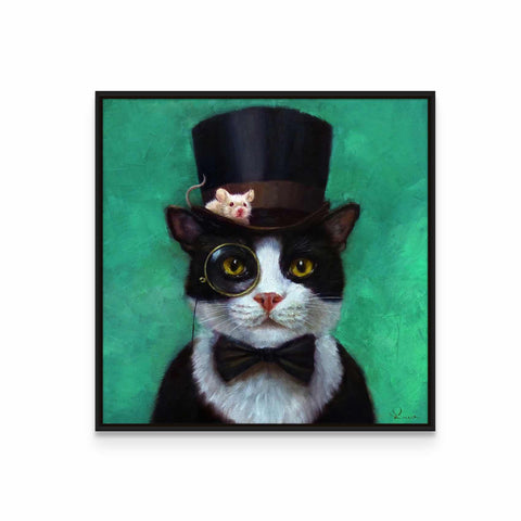 a black and white cat wearing a top hat and glasses