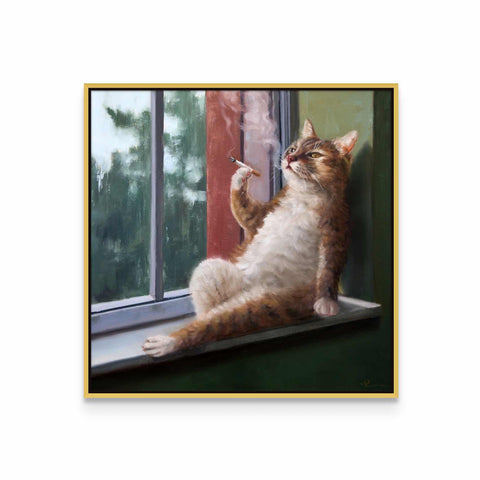 a painting of a cat sitting on a window sill