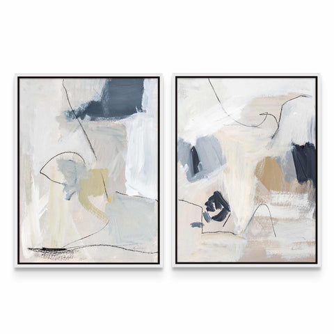 two abstract paintings on a white wall