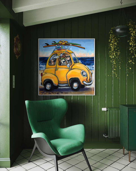 a green chair in a green room with a painting of a dog in a yellow