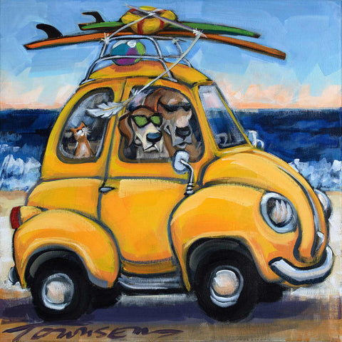 a painting of a yellow car with a surfboard on top of it