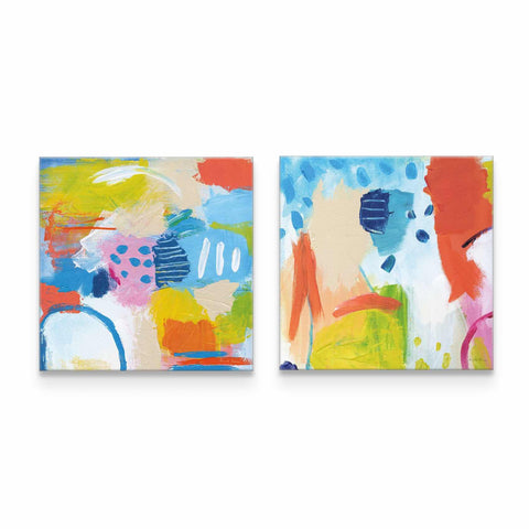 two paintings of different colors on a white background