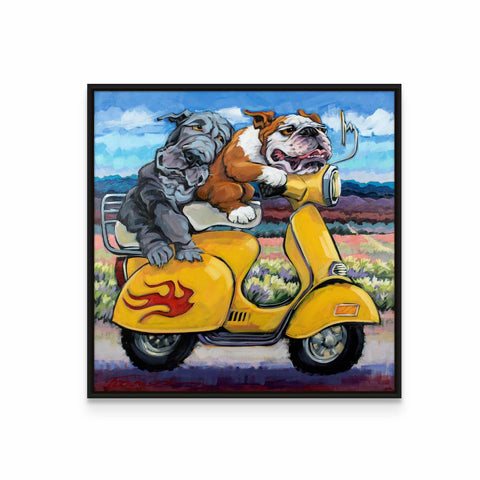 a painting of two dogs riding a scooter