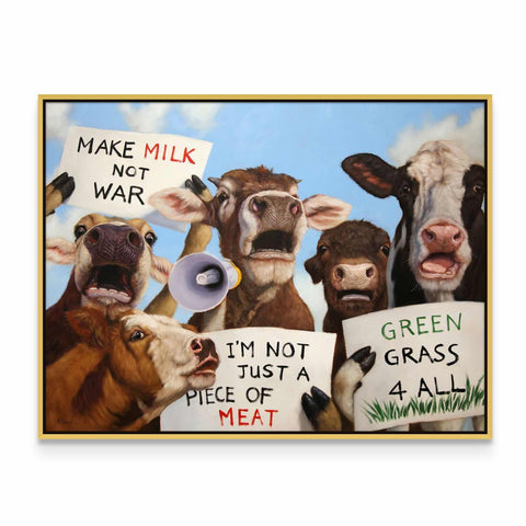 a painting of a group of cows holding signs