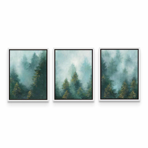 three paintings of trees in a foggy forest