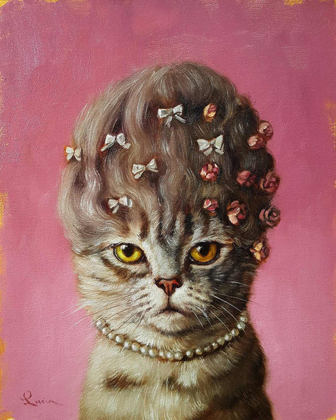 a painting of a cat with flowers in her hair