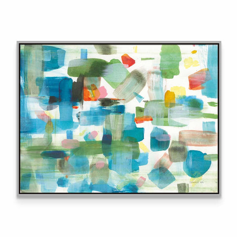 an abstract painting with blue, green, and yellow colors