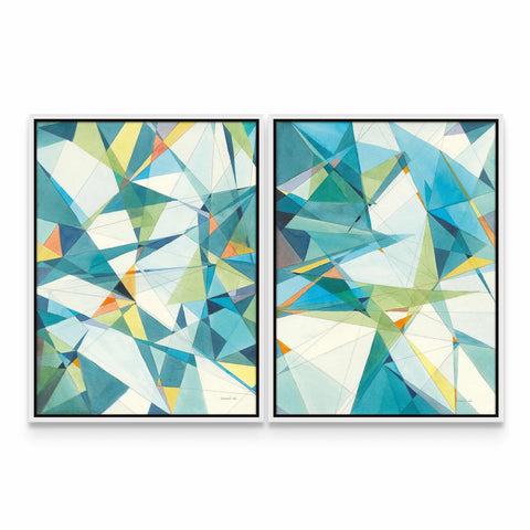 two abstract paintings of blue, yellow and white shapes